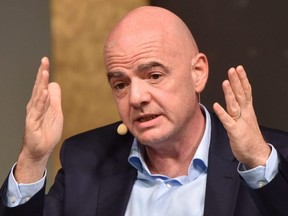 FIFA President Gianni Infantino gestures as he speaks during a public debate with members of the Association of International Sports Press (AIPS) as part of its annual congress in Budapest, Hungary, Feb. 3, 2020.