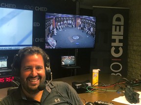 Edmonton Oilers play-by-play voice Jack Michaels is seen inside a makeshift studio at the 630 CHED offices, where he and colour commentator Bob Stauffer will be broadcasting the 2020 NHL playoffs beginning Saturday, Aug. 1, 2020.