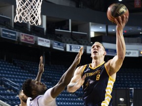 Jordan Baker of the Edmonton Stingers goes on to score the winning basket of an 87-86 victory over the Niagara River Lions on Friday, July 31, to record the Canadian Elite Basketball League's first-ever come-from-behind win in an Elam Ending finish.