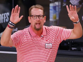 Nick Nurse of the Toronto Raptors reacts against the Brooklyn Nets during the 2020 NBA playoffs at AdventHealth Arena at ESPN Wide World Of Sports Complex on August 17, 2020 in Lake Buena Vista, Florida.