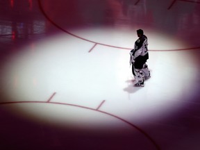Michael Hutchinson of the Colorado Avalanche stands for the national anthem prior to Game 6 of the Western Conference second round against the Dallas Stars during the 2020 NHL Stanley Cup Playoffs at Rogers Place on Sept. 02, 2020.