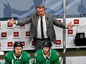 Dallas Stars head coach Rick Bowness reacts against the Colorado Avalanche during the second period in Game 6 of the Western Conference second round of the 2020 NHL Stanley Cup Playoffs at Rogers Place on September 02, 2020.
