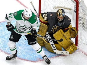 Marc-Andre Fleury #29 of the Vegas Golden Knights makes the save against Alexander Radulov #47 of the Dallas Stars during the second period in Game 1 of the Western Conference Final during the 2020 NHL Stanley Cup Playoffs at Rogers Place on September 06, 2020.
