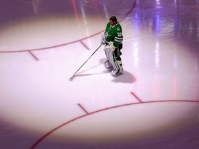 Anton Khudobin of the Dallas Stars stands for the national anthem prior to Game 4 of the Western Conference Final against the Vegas Golden Knights during the 2020 NHL Stanley Cup Playoffs at Rogers Place on September 12, 2020.