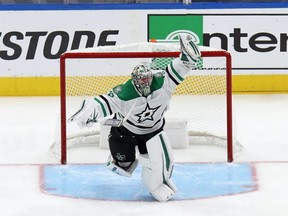 Anton Khudobin of the Dallas Stars celebrates an overtime series win against the Vegas Golden Knights during the first overtime period in Game 5 of the Western Conference Final during the 2020 NHL Stanley Cup Playoffs at Rogers Place on September 14, 2020.