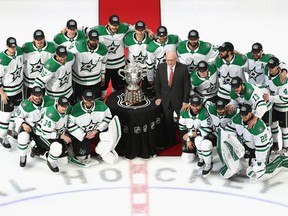 The Dallas Stars pose for a team photo with Bill Daly, the deputy commissioner and chief legal officer of the NHL and the Clarence S. Campbell Bowl after winning the Western Conference championship over the Vegas Golden Knights during the 2020 NHL Stanley Cup Playoffs at Rogers Place on Sept. 14, 2020.