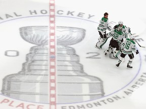 The Dallas Stars celebrate their 3-2 overtime victory over the Vegas Golden Knights to win the Western Conference Final in five games during the 2020 NHL Stanley Cup Playoffs at Rogers Place on Sept. 14, 2020.