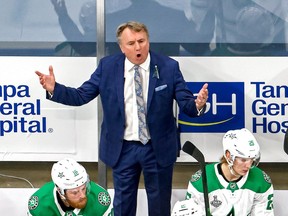 Dallas Stars head coach Rick Bowness reacts during the first period against the Tampa Bay Lightning Game 1 of the 2020 NHL Stanley Cup Final at Rogers Place on September 19, 2020.