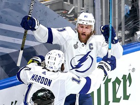 Tampa Bay Lightning captain Steven Stamkos is congratulated by Pat Maroon after scoring against the Dallas Stars in Game 3 of the Stanley Cup Final Wednesday at Rogers Place in Edmonton.