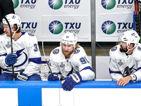 Steven Stamkos (91) of the Tampa Bay Lightning looks on from the bench against the Dallas Stars during the second period in Game 3 of the 2020 NHL Stanley Cup Final at Rogers Place on Sept. 23, 2020.