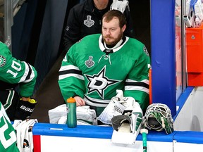 Anton Khudobin (35) of the Dallas Stars watches from the bench against the Tampa Bay Lightning  in Game 3 of the 2020 NHL Stanley Cup Final at Rogers Place on Sept. 23, 2020.