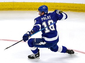 Ondrej Palat (18) of the Tampa Bay Lightning celebrates after scoring a goal against the Dallas Stars during the second period in Game 5 of the 2020 NHL Stanley Cup Final at Rogers Place on September 26, 2020.