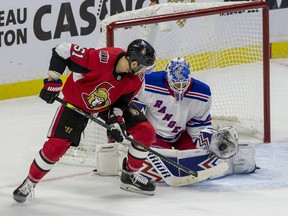 Ottawa Senators Artem Anisimov is stopped by New York Rangers goaltender Alexander Georgiev at the Canadian Tire Centre in Ottawa on Oct. 5, 2019.