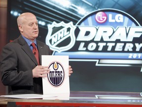 NHL deputy commissioner Bill Daly announces the top pick to the Edmonton Oilers during the NHL Draft Lottery at the TSN Studio on April 13, 2010, in Toronto. (Photo by Abelimages / Getty Images for NHL)