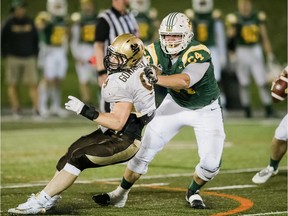 Fourth-year University of Alberta Golden Bears offensive tackle Carter O'Donnell, seen here playing against the University of Manitoba Bisons in 2019, is coming off a strong showing in the prestigious East-West Shrine Bowl in St. Petersburg, Fla., on Jan. 18.