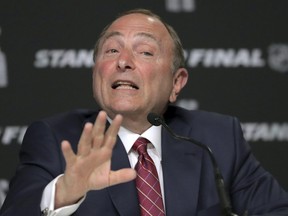 NHL Commissioner Gary Bettman speaks to the media before Game 1 of the 2019 Stanley Cup Final between the St. Louis Blues and the Boston Bruins, in Boston on May 27, 2019.
