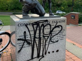 The base of the statue of Ezio Faraone has been vandalized four ties in the last two months. It happened again overnight. Supplied photo September4, 2020. EDMPics