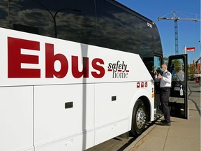 An Ebus at the Kingsway Transit Centre in Edmonton on September 10, 2020, where Pacific Western Transportation and Edmonton Transit Service announced a new option to travel in and out of Edmonton.