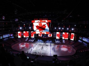 A general view during the playing of the Canadian national anthem before game five of the 2020 Stanley Cup Final between the Tampa Bay Lightning and the Dallas Stars at Rogers Place on Sept. 26, 2020.