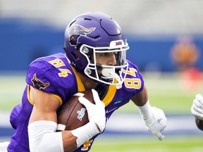 Minnesota State wide receiver Shane Zylstra (84) runs after catching a pass during the Division II championship NCAA game against West Florida on Dec. 21, 2019, in McKinney, Texas.
