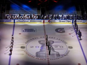 A view of the ice as the Tampa Bay Lightning and the New York Islanders open Game 2 of the Eastern Conference final of the 2020 Stanley Cup Playoffs at Rogers Place.