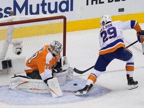 Philadelphia Flyers goaltender Carter Hart (79) makes a save against New York Islanders center Brock Nelson (29) during the second period in Game 7 of the second round of the 2020 Stanley Cup Playoffs at Scotiabank Arena on Aug. 6, 2020.