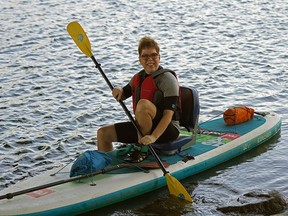 Leanne Reeb is a cancer survivor who paddled down the North Saskatchewan River in Edmonton on a paddleboard on Sunday, Sept. 20, 2020, to prepare for a paddelboard trip from Fort Edmonton to Fort Saskatchewan on Sept. 27 to raise money for ocular melanoma research.