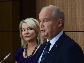 Conservative Leader Erin O'Toole introduces his Deputy Leader Candice Bergen as they holda a press conference on Parliament Hill in Ottawa Wednesday, Sept. 2, 2020.