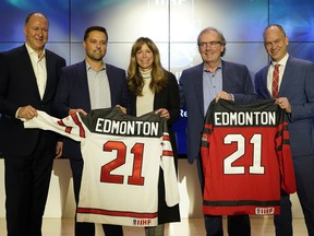 Kevin Lowe (alternate governor, Edmonton Oilers Hockey Club), Riley Wiwchar (executive director, 2021 IIHF world junior championships), Grace and Terry O'Flynn (co-chairs, 2021 IIHF world junior championships) and Dean McIntosh (vice-president of events and properties, Hockey Canada), announced the launch of a priority ticket draw for the hockey championship at Rogers Place in Edmonton on Dec. 10, 2019.