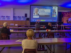 A small crowd of party supporters look on as Premier Blaine Higgs is declared the winner of his riding in the New Brunswick provincial election in Quispamsis, N.B. on Monday, Sept. 14, 2020.
