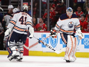 CHICAGO, ILLINOIS - MARCH 05: Mikko Koskinen #19 of the Edmonton Oilers replaces Mike Smith #41 in the second period against the Chicago Blackhawks at the United Center on March 05, 2020 in Chicago, Illinois.