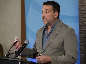 Alberta Federation of Labour President Gil McGowan announces the launch of the “Stand up to Kenney” campaign, during a press conference in Edmonton Tuesday Oct. 27, 2020. Photo by David Bloom