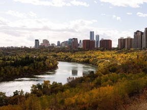 Fall colours are seen in the river valley from a park off of 77 Street and Jasper Avenue in Edmonton, on Thursday, Sept. 24, 2020.
