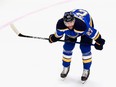 Alex Pietrangelo of the St. Louis Blues skates in warm-ups prior to the game against the Vancouver Canucks in Game 5 of the Western Conference First Round during the 2020 NHL Stanley Cup Playoffs at Rogers Place on Aug. 19, 2020 in Edmonton.
