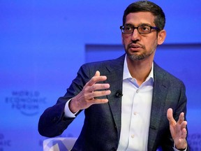 Sundar Pichai, Chief Executive Officer of Alphabet, gestures as he speaks during a session of the 50th World Economic Forum (WEF) annual meeting in Davos, Switzerland, Jan. 22, 2020.