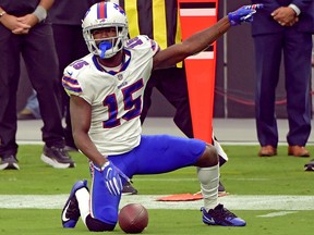 Buffalo Bills wide receiver John Brown gestures after making a first down against the Las Vegas Raiders at Allegiant Stadium.