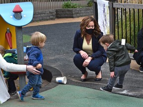 Minister of Children’s Services Rebecca Schulz visits a day care at Canada Place after annoucing with federal Minister of Families, Children and Social Development Ahmed Hussen who was online, new funding for the child care sector in Edmonton, Sept. 22, 2020.