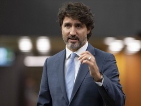 Prime Minister Justin Trudeau responds to a question during Question Period in the House of Commons Thursday October 8, 2020 in Ottawa.