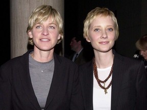 Long-time companions Comedian Ellen DeGeneres, left, and actress Anne Heche arrive Feb. 19, 2000 at the annual Human Rights fundraising dinner in Los Angeles, Calif., honouring actress Sharon Stone, NBC and the anti-prop 22 group "No On Knight."