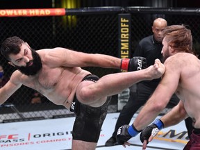 Andrei Arlovski, left, of Belarus won a unanimous decision over Edmonton's Tanner Boser in a heavyweight fight during the UFC Fight Night event at UFC APEX on Nov. 07, 2020 in Las Vegas, Nevada.