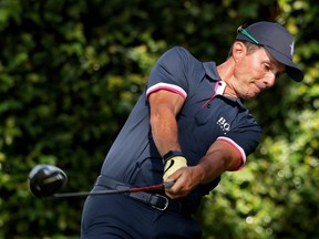 AUGUSTA, GEORGIA - NOVEMBER 12: Mike Weir of Canada plays his shot off the second tee during the first round of the Masters at Augusta National Golf Club on November 12, 2020 in Augusta, Georgia. (Photo by Rob Carr/Getty Images)