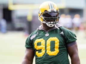 Defensive tackle Almondo Sewell takes part in a practice with the Edmonton Football Team at Commonwealth Stadium on Aug. 21, 2017.
