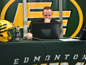 Edmonton Football Team general manager Brock Sunderland is pictured in the war room at Commonwealth Stadium during the 2019 CFL Draft in this file photo from May 2, 2019.