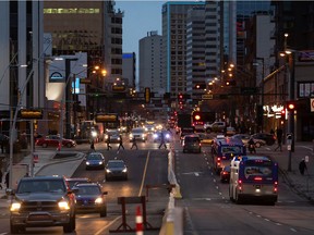 Jasper Avenue is seen from 111 Street in Edmonton, on Wednesday, Nov. 4, 2020.