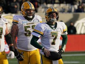 Edmonton quarterback Trevor Harris (7) reacts after being sacked by the Hamilton Tiger-Cats during the CFL Eastern Conference final at Tim Hortons Field on Nov. 17, 2019.