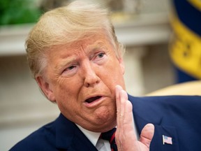 TOPSHOT - US President Donald Trump speaks to the press during a meeting with President of Finland Sauli Niinisto at the White House October 2, 2019, in Washington, DC. (Photo by Brendan Smialowski / AFP) (Photo by BRENDAN SMIALOWSKI/AFP via Getty Images)