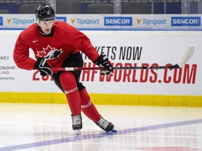 In this Jan. 1, 2020, file photo, Canada's Alexis Lafreniere practises at the world junior hockey championships in Ostrava, Czech Republic.