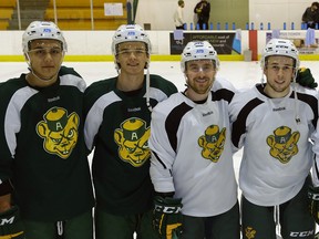 University of Alberta Golden Bears Clayton Kirichenko, left, Steven Owre, Trevor Cox and Cole Sanford were hoping to get another chance to play against Team Canada's world junior squad Nov. 28 and 29. The games were cancelled due to positive COVID-19 cases in the selection camp in Red Deer.
