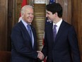 Prime Minister Justin Trudeau shakes hands with Joe Biden, while he was the U.S. vice-president, on Parliament Hill in Ottawa on Friday, Dec. 9, 2016.