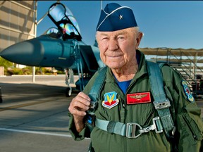 In this file handout photo taken on Oct. 14, 2012, retired United States Air Force Brig. Gen. Charles E. "Chuck" Yeager prepares to board an F-15D Eagle from the 65th Aggressor Squadron at Nellis Air Force Base, Nevada.